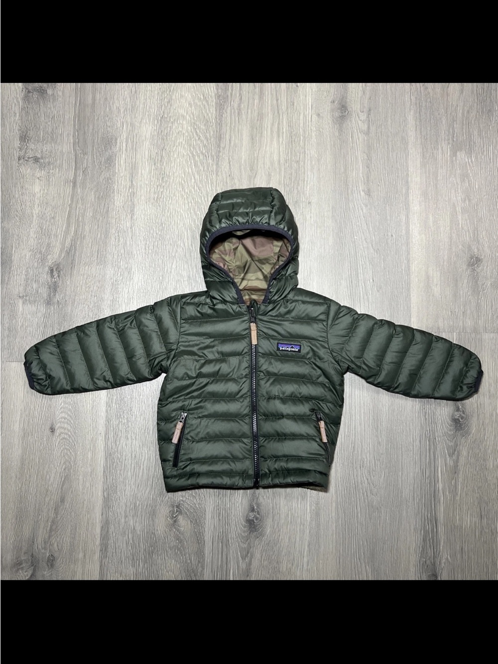 Patagonia Olive Green Kids Hooded Puffer Jacket
